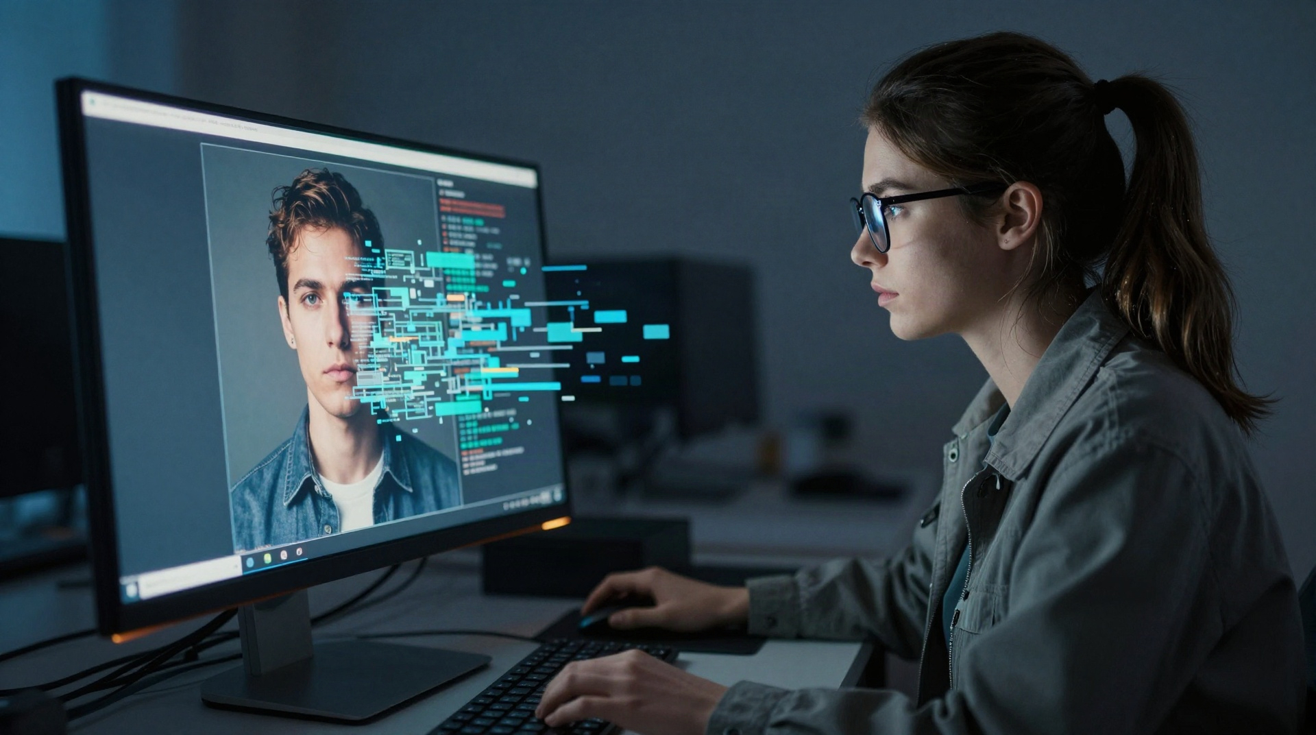 Эксперт проводит компьютерно-техническое исследование цифрового изображения на мониторе.