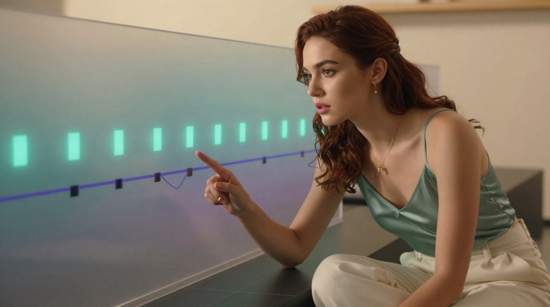 Analyst examining an abstract block production timeline with skip rate gaps displayed on a frosted glass panel
