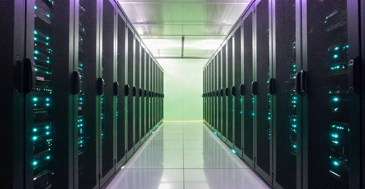 Dunkler Premium-Rechenzentrumskorridor mit leuchtenden Serverracks in symmetrischer Perspektive