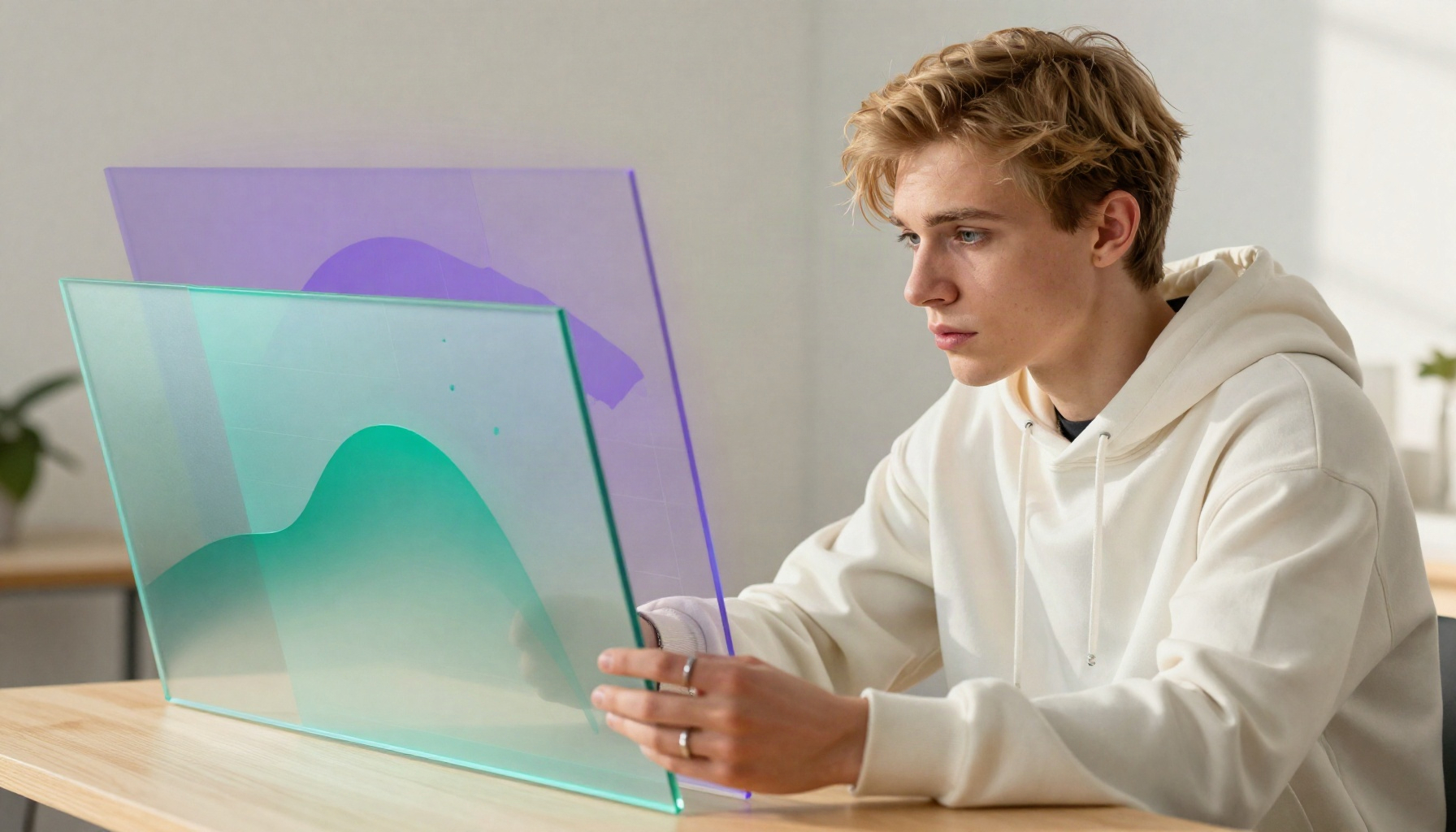 Person examining layered glass panels revealing hidden assumptions beneath an advertised yield projection
